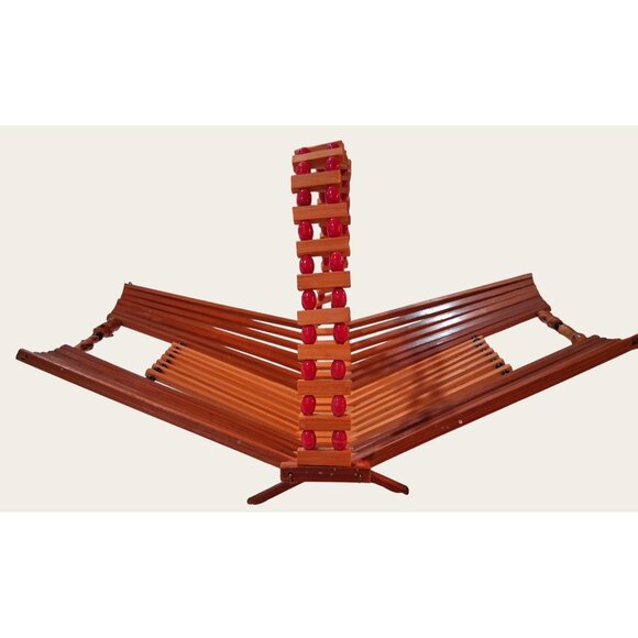 Collapsible Wooden Fruit Basket MCM Red Beads Accents Vintage Teak Wood - Picture 1 of 12